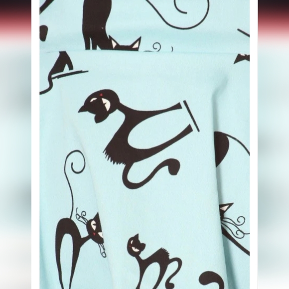 IXIA Black Cat Print Dress PIN-UP Retro Fit & Flare, Light Blue, Size L - Picture 3 of 3